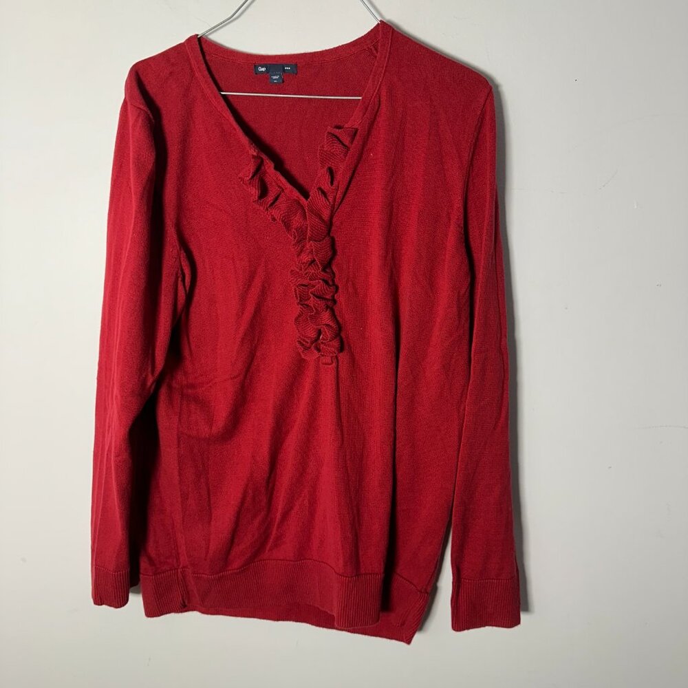 EUC Gap Womens Sweater Red Ruffled Neckline XL Long Sleeve